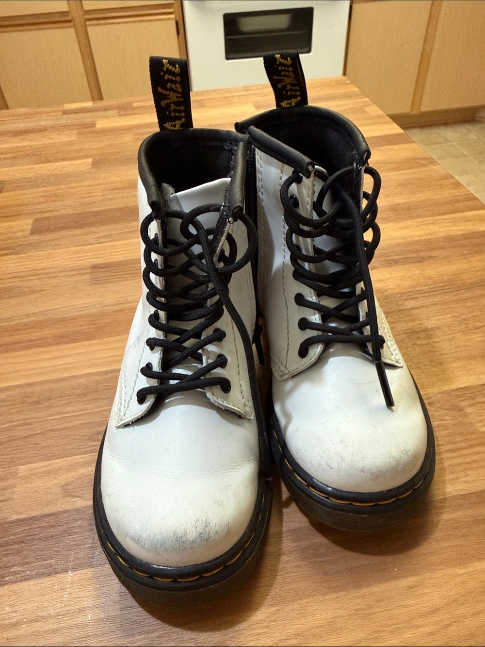 Dr. Martens Kids White Leather Lace-Up Boots with Black Trim
